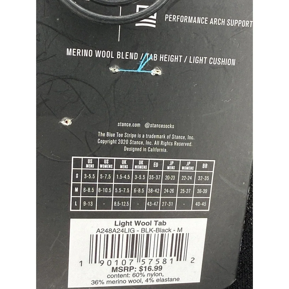 Stance Light Wool Tab Performance Socks Black Womens Medium A248A24LIG NWT